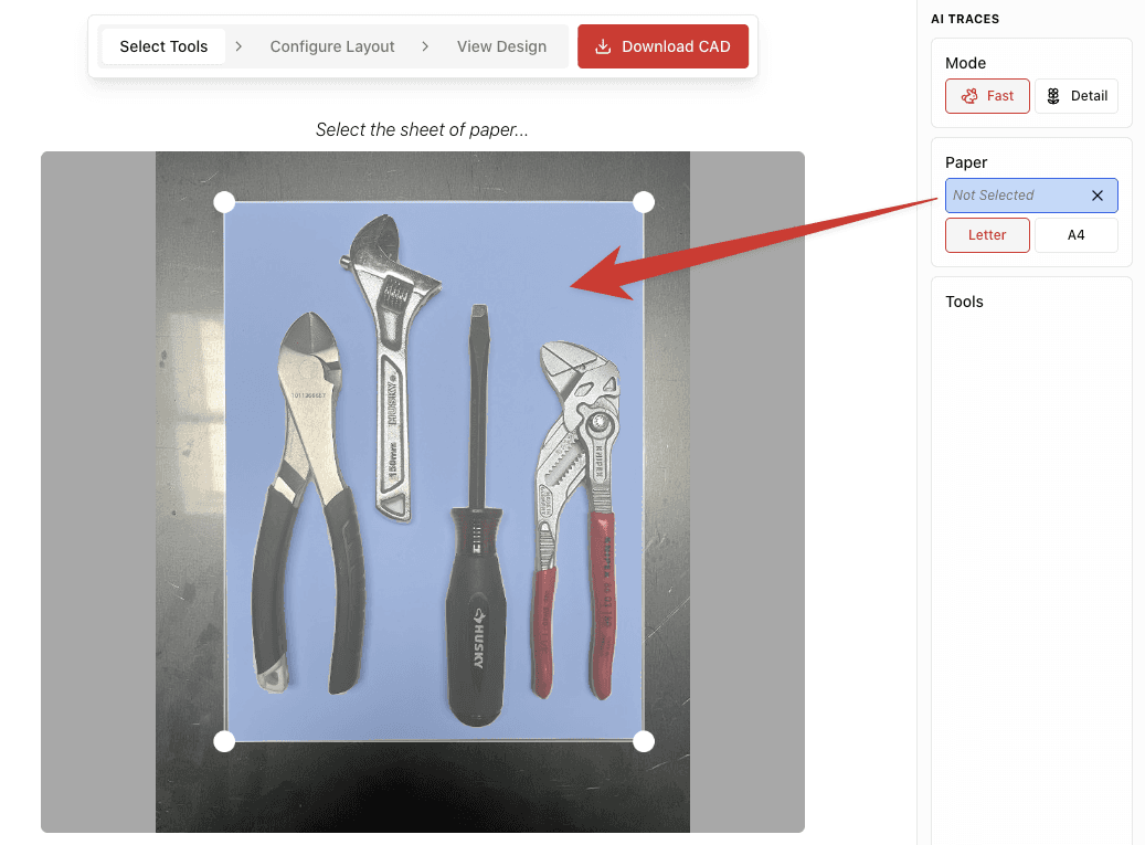 Selecting the sheet of paper in Tooltrace